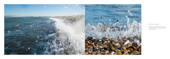 Two side-by-side photos from Schiffer Publishing, Ltd.’s "Beaches" capture beach photography’s essence: crashing ocean waves on the left, and on the right, Amy Dykens showcases water splashing over pebbles in stunning detail.