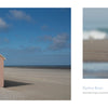 Beaches by Schiffer Publishing, Ltd. features classic beach photography: pastel beach huts on a vast sandy shore beneath a blue sky, and two seabirds on the sand, one with a fish.