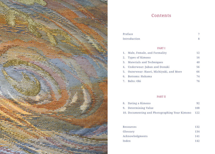 Close-up of an ornate textile from a vintage kimono with gold, blue, and red patterns beside the contents page for The Guide to Kimono by Schiffer Publishing, Ltd., listing chapters and section titles in red and black text.