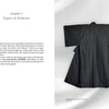 A black, traditional vintage kimono lays flat on a light gray background. On the left, text introduces Chapter 2 of The Guide to Kimono by Schiffer Publishing, Ltd., describing Japanese kimono types in both English and Japanese.