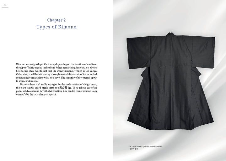 A black, traditional vintage kimono lays flat on a light gray background. On the left, text introduces Chapter 2 of The Guide to Kimono by Schiffer Publishing, Ltd., describing Japanese kimono types in both English and Japanese.
