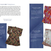 A two-page spread from The Guide to Kimono by Schiffer Publishing, Ltd. displays three vintage furisode kimonos with full-view images on blue and cream backgrounds, showing detailed patterns and descriptive text about each piece.