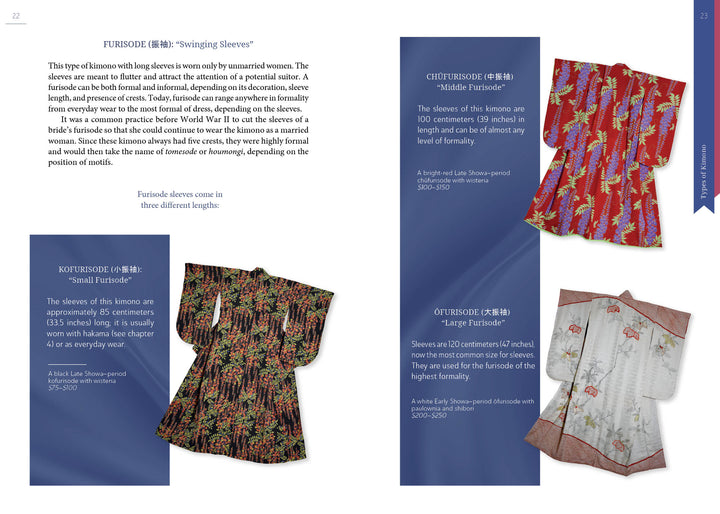 A two-page spread from The Guide to Kimono by Schiffer Publishing, Ltd. displays three vintage furisode kimonos with full-view images on blue and cream backgrounds, showing detailed patterns and descriptive text about each piece.