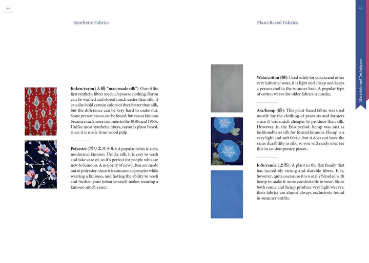 A two-page spread in The Guide to Kimono by Schiffer Publishing, Ltd. compares synthetic and plant-based fabrics, with swatches and vintage-inspired patterns—bold florals and solid blue on white, plus blue sidebar text.