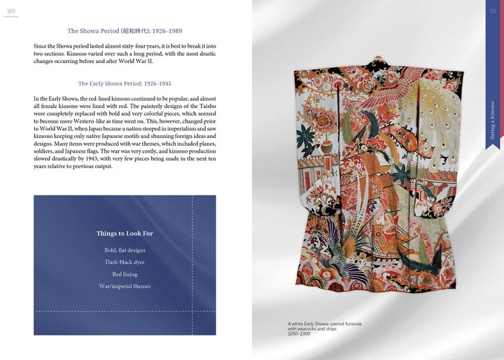 “The Guide to Kimono” by Schiffer Publishing, Ltd. is shown on a white background, featuring vibrant cover art with red, gold, and black kimono motifs. Text and a blue fact box are visible on the left side of the image.