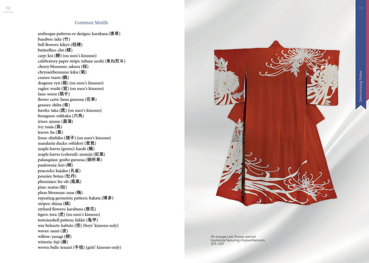 Displayed flat to reveal its front and sleeves, an orange Shōwa-period kimono with white chrysanthemum motifs features in The Guide to Kimono by Schiffer Publishing, Ltd., with common kimono motifs listed on the left side of the page.