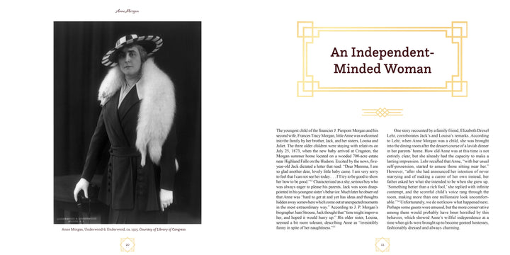 Black-and-white photography shows Anne Morgan in a dark dress, gloves, white fur stole, and hat. Beside her is "An Independent-Minded Woman," emphasizing her philanthropic legacy. Product: Anne Morgan by Schiffer Publishing, Ltd.
