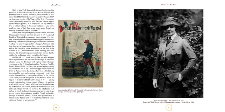 A two-page spread from "Anne Morgan" by Schiffer Publishing, Ltd.: left page has text and a WWI nurse poster; right shows a black-and-white photo of Anne Morgan in uniform outdoors.