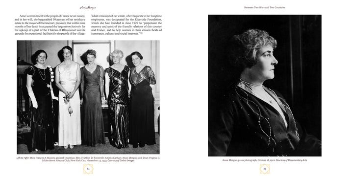 A black-and-white spread from "Anne Morgan" by Schiffer Publishing, Ltd.: left, five elegantly dressed women pose; right, a profile portrait of Anne Morgan—her philanthropic legacy immortalized in classic photography.
