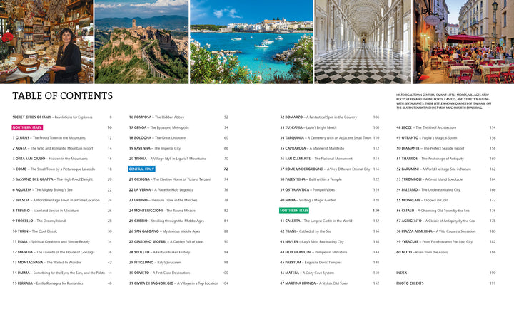 The table of contents for Secret Cities of Italy by Schiffer Publishing, Ltd. displays five scenic images: a woman in an Italian deli, a hilltop village, a seaside town, a palace hallway, and an outdoor restaurant with vibrant decor.