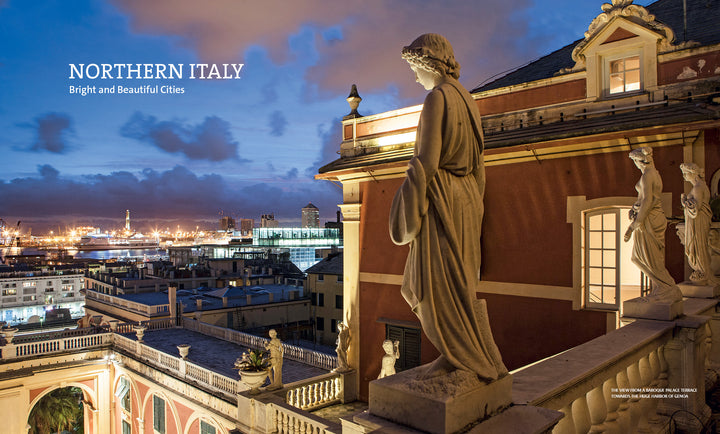 A stone statue overlooks a Northern Italian city at dusk, with glowing buildings and a distant harbor. Explore hidden gems with "Secret Cities of Italy" by Schiffer Publishing, Ltd.—your guide to discovering Italy’s lesser-known destinations.