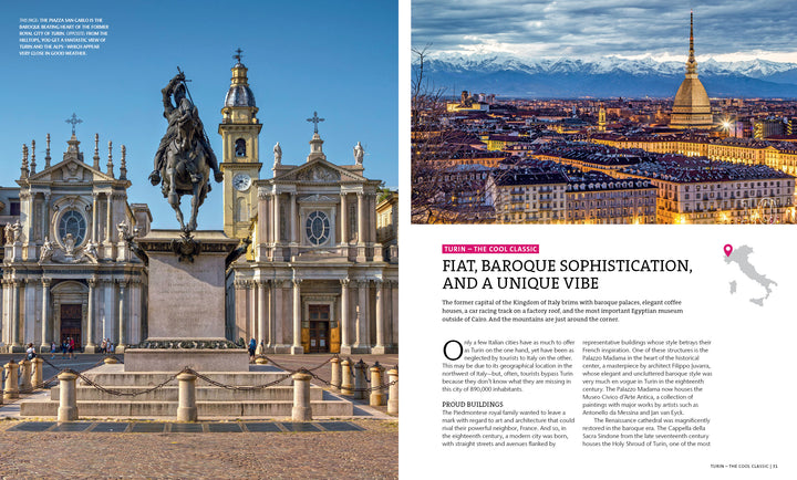The book "Secret Cities of Italy" by Schiffer Publishing, Ltd. showcases a Turin city square with a baroque church façade, equestrian statue, and cobblestones under blue skies; Turin’s Mole Antonelliana and snowy Alps appear on the opposite page.