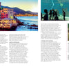 A vivid coastal village at sunset appears left, while the right shows dolphin watchers underwater and a scenic hilltop—all illustrating Genoa. Discover more with "Secret Cities of Italy" by Schiffer Publishing, Ltd., highlighting Italy’s hidden gems.