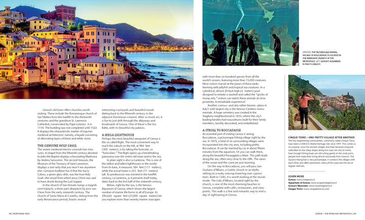 A vivid coastal village at sunset appears left, while the right shows dolphin watchers underwater and a scenic hilltop—all illustrating Genoa. Discover more with "Secret Cities of Italy" by Schiffer Publishing, Ltd., highlighting Italy’s hidden gems.