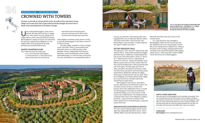 Aerial view of Monteriggioni, a Tuscan hilltown with stone walls. On the right, people relax at a café with greenery. "Secret Cities of Italy" by Schiffer Publishing, Ltd. explores the town’s rich history and hidden charm.
