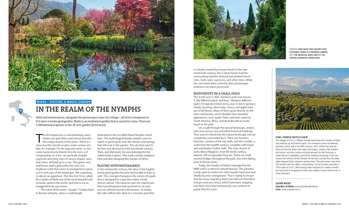 Discover off-the-beaten-path Italy in "Secret Cities of Italy" by Schiffer Publishing, Ltd.—explore lush spring gardens, blooming red and pink trees, tranquil ponds, ancient stone ruins, scenic views, and maps of the Garden of Ninfa.