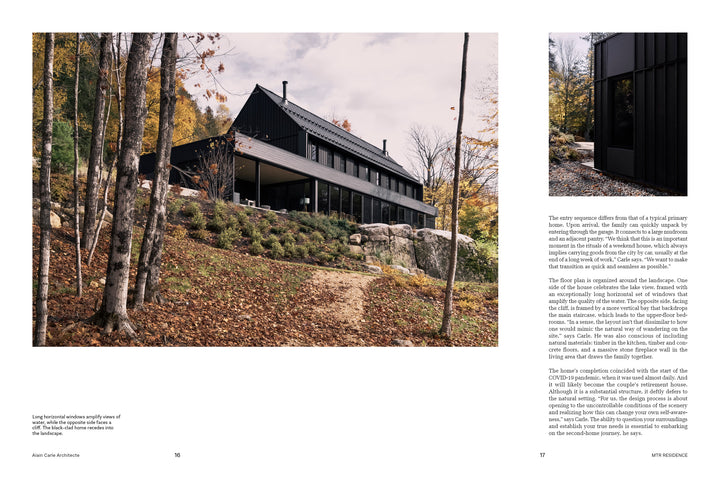 Second Home by Schiffer Publishing, Ltd. features a modern black house with large windows on a hillside, surrounded by autumn trees and rocks—a sanctuary architect-designed for rejuvenation amid nature’s beauty.