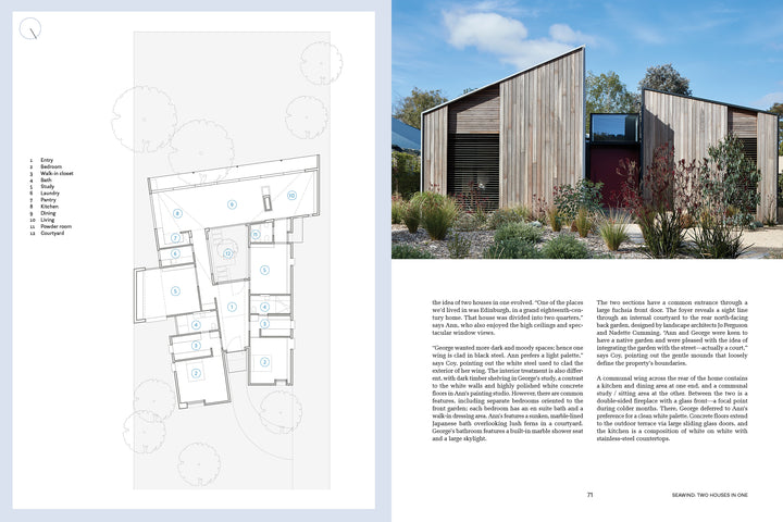 A two-page spread from *Second Home* by Schiffer Publishing, Ltd. pairs a labeled floor plan with a photo of an architect-designed house featuring angled wooden facades and landscaping, highlighting sanctuary and rejuvenation in this private getaway.