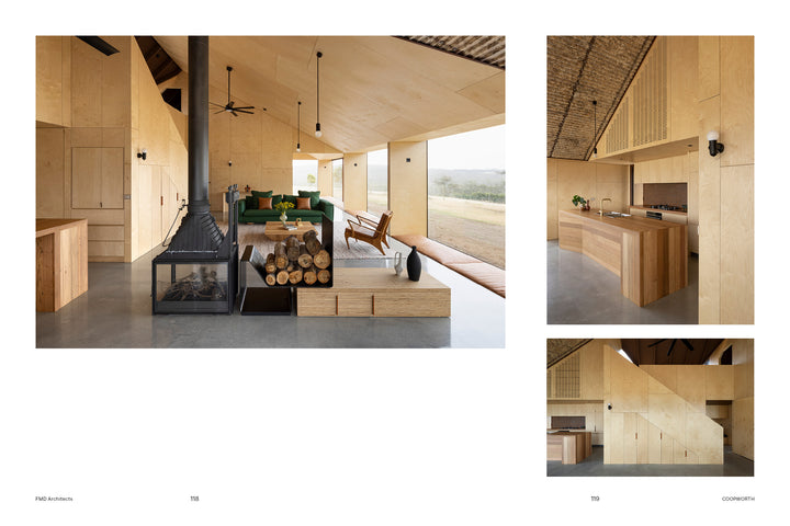 Second Home by Schiffer Publishing, Ltd. showcases a modern, architect-designed house with open-plan living, wood-paneled walls and ceiling, central fireplace, minimalist furniture, large windows, sleek wooden kitchen, and built-in storage.