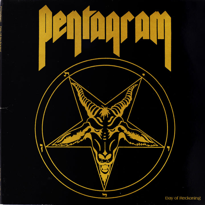 The Art of Metal by Schiffer Publishing, Ltd. features a black album cover with a stylized yellow Pentagram, a goat’s head at the center, and "Day of Reckoning" in small yellow text—a striking classic heavy metal design.