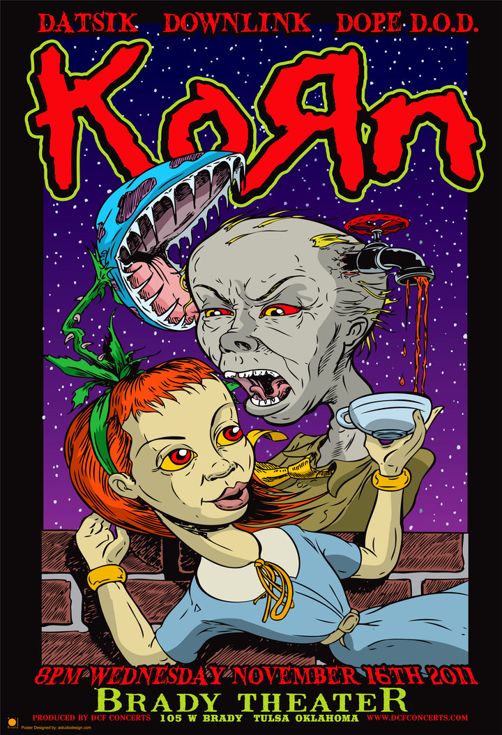A vibrant poster inspired by The Art of Metal from Schiffer Publishing, Ltd. shows a zombie biting a cup-holding woman and a monster above, with bold event details—capturing the essence of heavy metal album cover art.