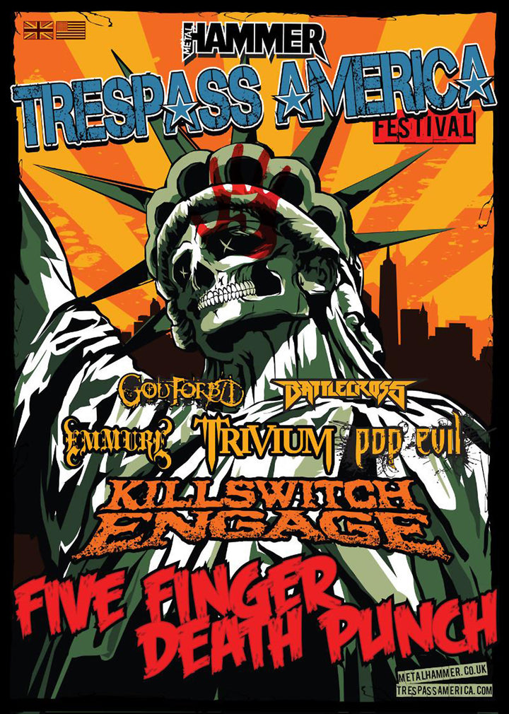Poster for "The Art of Metal" by Schiffer Publishing, Ltd. features metal poster art of a stylized Statue of Liberty with a skull face, listing bands like Five Finger Death Punch, Killswitch Engage, Trivium, and more.