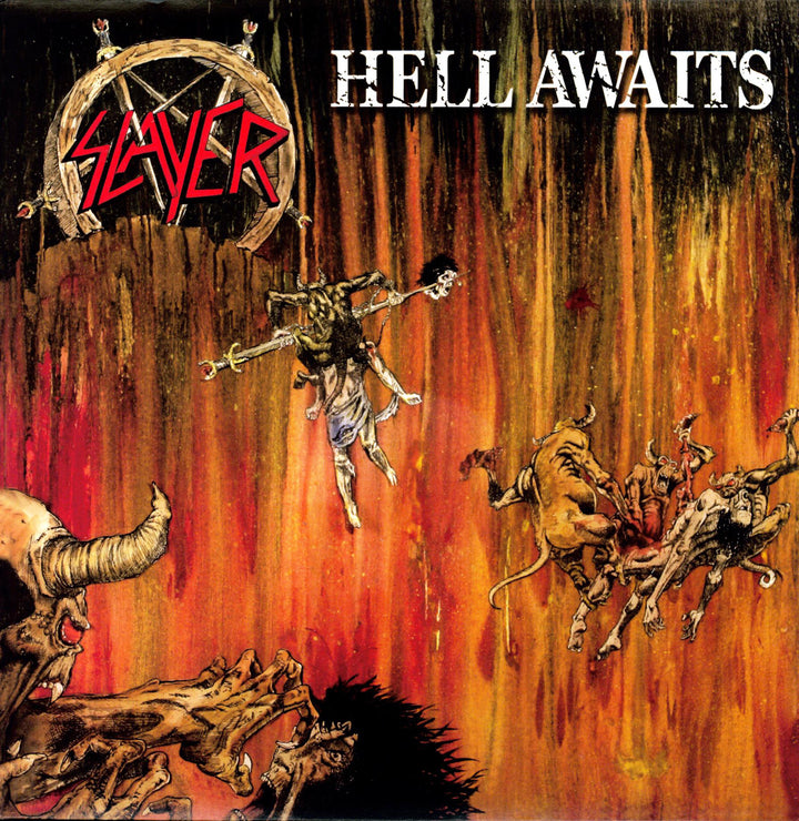 The Art of Metal by Schiffer Publishing, Ltd. showcases album covers like Slayer’s Hell Awaits—demonic figures dragging souls into fiery landscapes in red, orange, and yellow, with the band's logo—classic heavy metal artwork.