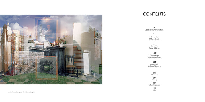 On the left, digital art blends urban and cemetery scenes; on the right, a table of contents for "New Orleans" by Schiffer Publishing, Ltd. lists chapters on 1990s NOLA creatives atop a white background.