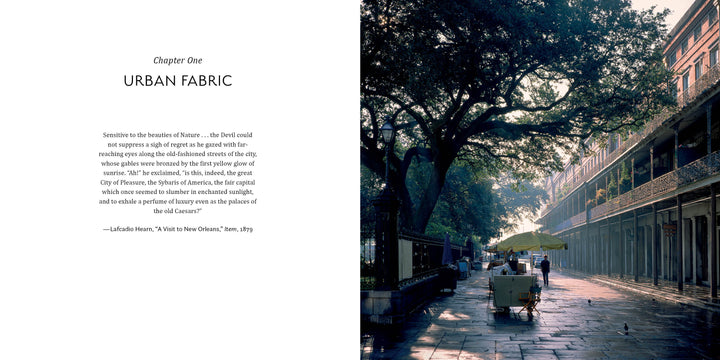 Left page features the chapter title "Urban Fabric" and a quote; right page from Schiffer Publishing, Ltd.'s New Orleans shows morning light through trees onto wet pavement by historic buildings, evoking 1990s creative flair and home garden charm.