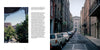 A split-page layout for "New Orleans" by Schiffer Publishing, Ltd.: Left shows a leafy courtyard beneath ornate ironwork; right reveals a narrow street with parked cars and tall brick buildings leading to a classical stone building.