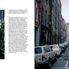A split-page layout for "New Orleans" by Schiffer Publishing, Ltd.: Left shows a leafy courtyard beneath ornate ironwork; right reveals a narrow street with parked cars and tall brick buildings leading to a classical stone building.