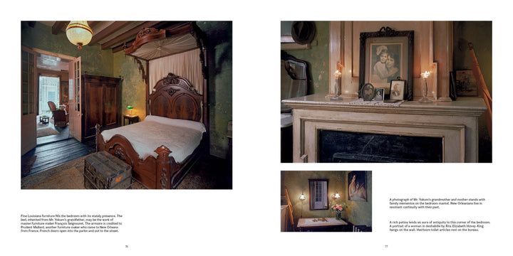Experience classic New Orleans interiors: on the left, a historic bedroom with ornate decor; on the right, a close-up of a fireplace mantel with vintage accents—captured in "New Orleans" by Schiffer Publishing, Ltd.