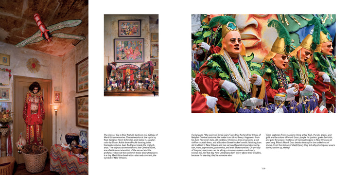 A two-page spread from Schiffer Publishing, Ltd.’s “New Orleans” showcases eclectic bedroom and interior photos, plus vibrant scenes of costumed revelers with masks and beads at a festive outdoor event. Text is positioned at the bottom.