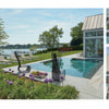 Inspired by "Private Gardens of the Potomac and Chesapeake" by Schiffer Publishing, Ltd., this modern backyard has a stone patio, small pool, lawn loungers, sculptural art, blooming purple flowers, and large windows overlooking the water.