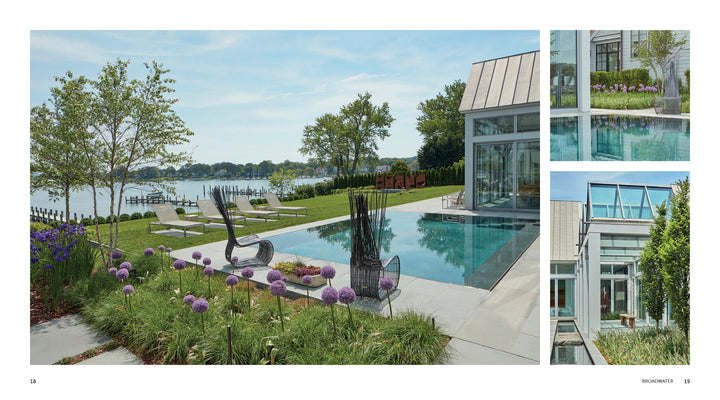 Inspired by "Private Gardens of the Potomac and Chesapeake" by Schiffer Publishing, Ltd., this modern backyard has a stone patio, small pool, lawn loungers, sculptural art, blooming purple flowers, and large windows overlooking the water.
