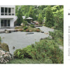 A modern white house overlooks a minimalist Japanese-inspired garden, featured in Private Gardens of the Potomac and Chesapeake by Schiffer Publishing, Ltd., with raked gravel, large stones, lush greenery, and a cozy umbrella-shaded seating area.