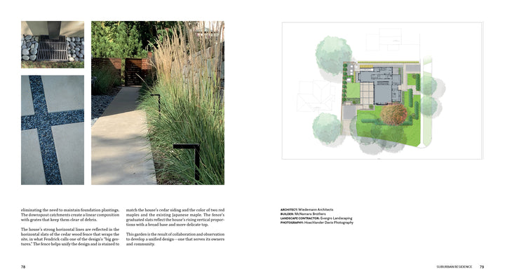 A two-page spread in "Private Gardens of the Potomac and Chesapeake" by Schiffer Publishing, Ltd. features architectural photos of a modern landscape with stone paths, tall grasses, a house site plan, project credits, and descriptive text.