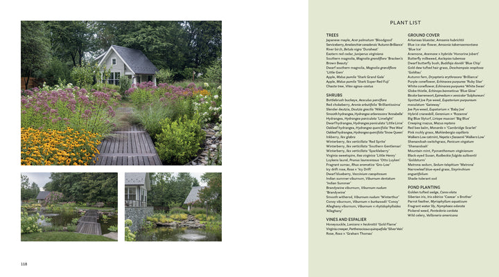 Three photos from "Private Gardens of the Potomac and Chesapeake" (Schiffer Publishing, Ltd.) feature a wooden path, flowering plants, and a gray house. Nearby, a pale green plant list aids gardeners and landscape architects in the Chesapeake area.