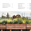 A table of contents above a photo from "Repose in the Metropolis" by Schiffer Publishing, Ltd. shows a city rooftop garden with lush plants and flowers in wooden planters, set against urban buildings and a cloudy sky.