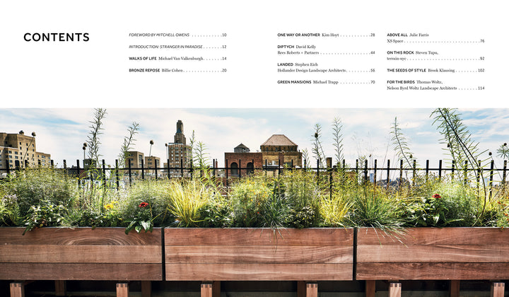 A table of contents above a photo from "Repose in the Metropolis" by Schiffer Publishing, Ltd. shows a city rooftop garden with lush plants and flowers in wooden planters, set against urban buildings and a cloudy sky.