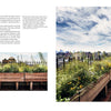 Repose in the Metropolis by Schiffer Publishing, Ltd. showcases a Fifth Avenue penthouse garden with raised wooden planters of greenery and flowers on a red brick terrace, city views, ornate railings, and a bright sky.