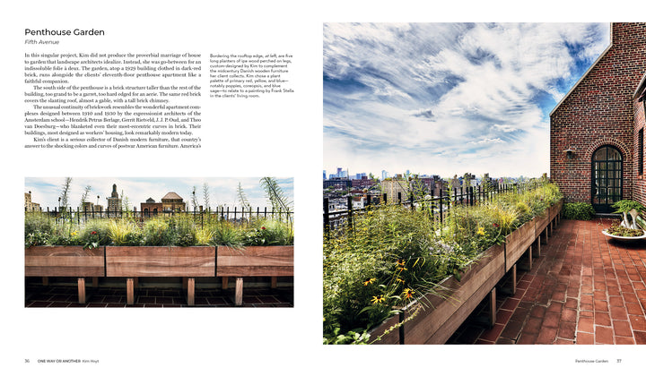 Repose in the Metropolis by Schiffer Publishing, Ltd. showcases a Fifth Avenue penthouse garden with raised wooden planters of greenery and flowers on a red brick terrace, city views, ornate railings, and a bright sky.