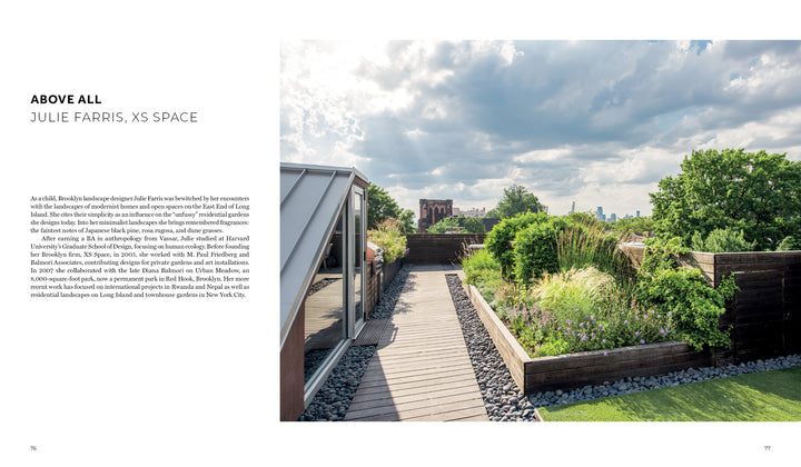 Repose in the Metropolis by Schiffer Publishing, Ltd. captures a modern rooftop garden with wooden walkways, raised planters of green shrubs and grasses, and city skyline views beneath a partly cloudy sky.