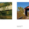 Side-by-side photos from "Pennsylvania's Covered Bridges" by Schiffer Publishing, Ltd. showcase the picturesque tree-lined Academia Pomeroy and the bright red, white-trimmed Kramer bridges amid vibrant autumn foliage.