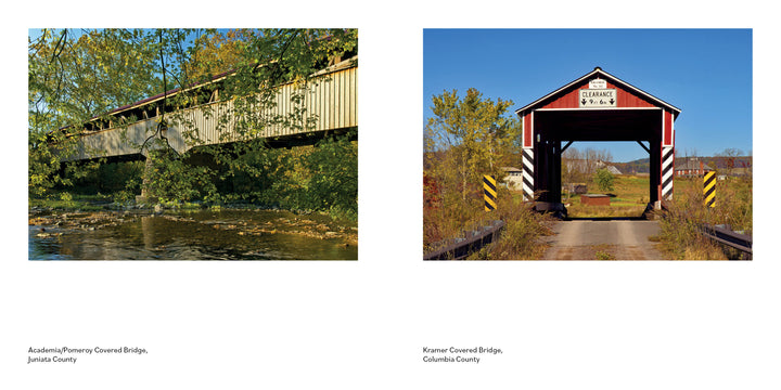 Side-by-side photos from "Pennsylvania's Covered Bridges" by Schiffer Publishing, Ltd. showcase the picturesque tree-lined Academia Pomeroy and the bright red, white-trimmed Kramer bridges amid vibrant autumn foliage.