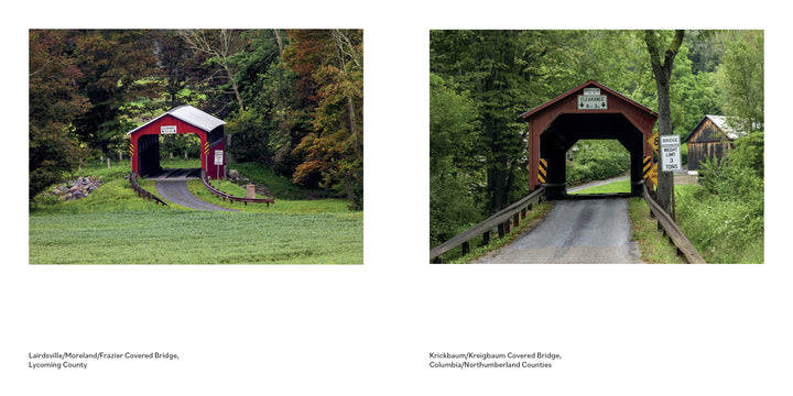 Side-by-side photos from "Pennsylvania's Covered Bridges" by Schiffer Publishing, Ltd. show one bridge in open grass and another, a state gem, on a wooded road with a small sign above its entrance.