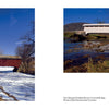 Left: A red wooden covered bridge in Pennsylvania spans a partially frozen creek under a blue sky. Right: A white historic bridge crosses a river with grassy banks and hills. From "Pennsylvania's Covered Bridges" by Schiffer Publishing, Ltd.