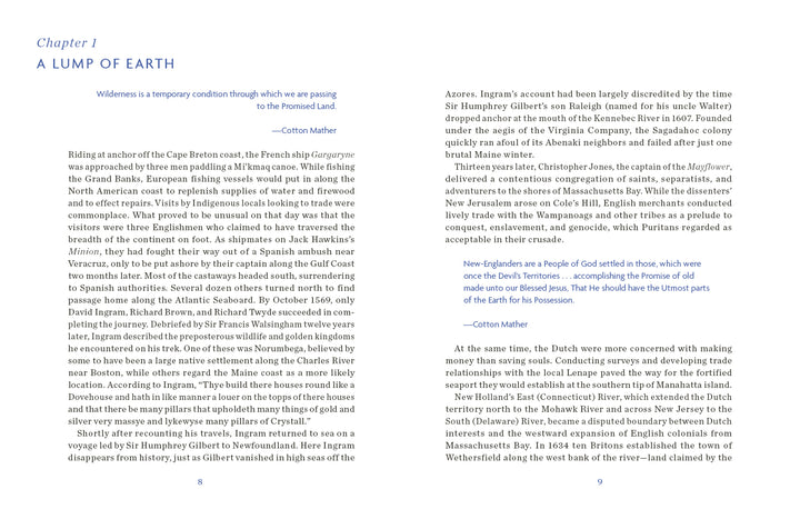The Sketchbook Traveler New England by Schiffer Publishing, Ltd. features an open spread titled "Chapter 1: A Lump of Earth," with text on early European settlement, quotes, and blue footnotes offering painting and drawing tips like a New England art journal.