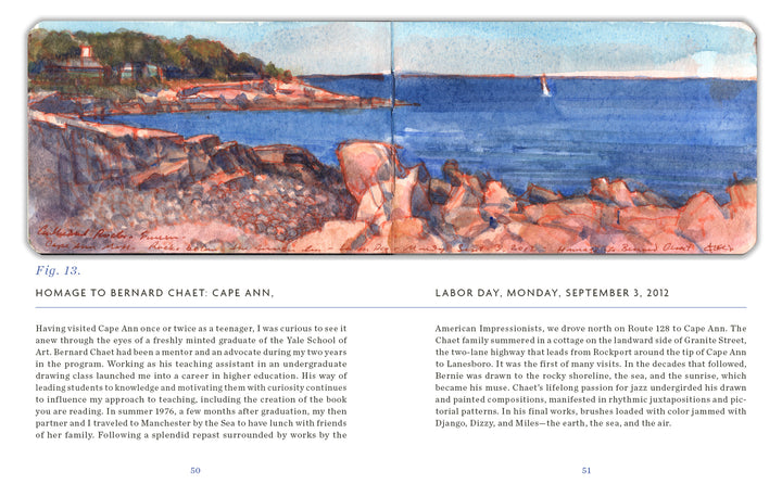 Two pages from Schiffer Publishing, Ltd.’s "Sketchbook Traveler New England" show a watercolor rocky shoreline with houses and lighthouse, labeled Fig. 13, plus columns titled “Homage to Bernard Chaet: Cape Ann” and “Labor Day, Monday, September 3, 2012.”.