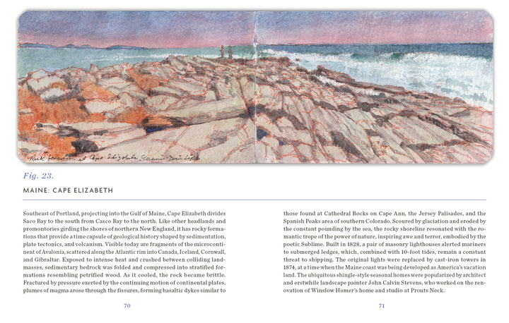 The Sketchbook Traveler New England by Schiffer Publishing, Ltd. features a watercolor of Cape Elizabeth, Maine’s rocky reddish shore beneath a pastel sky—ideal inspiration for your own travel sketchbook adventures.